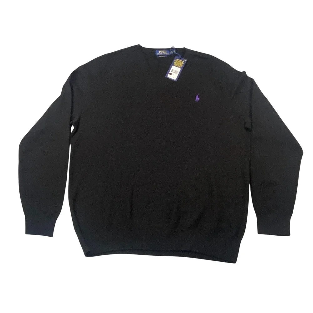 Polo Ralph Lauren Mens XXL Black Pima Cotton V-Neck Sweater Purple Pony NWT